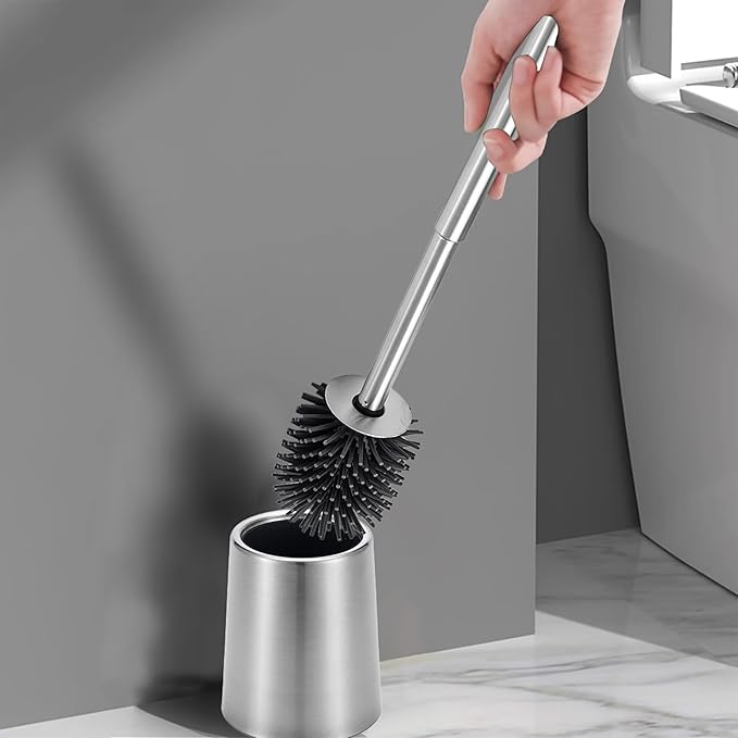 SUS304 Stainless Steel Toilet Brush and Holder Silicone Bathroom Brush TPE Brush Head Toilet Cleaner for Bowl Bathroom Cleaning Brush Caddy Cepillo de Baño Brushed Silver