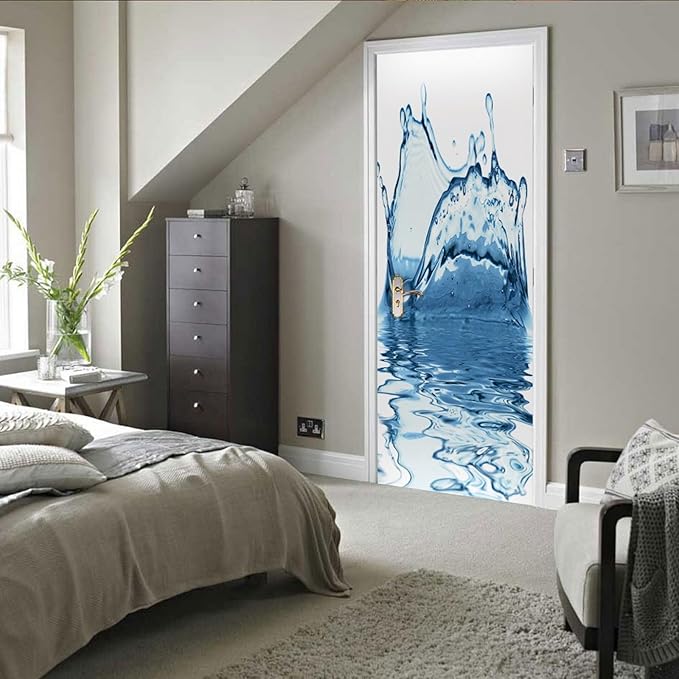 A.Monamour 3D Door Stickers for Interior Doors Splashes of Blue Water on A White Background Vinyl Waterproof Self Adhesive Door Mural Decals for Bedroom Office Bathroom 77x200cm