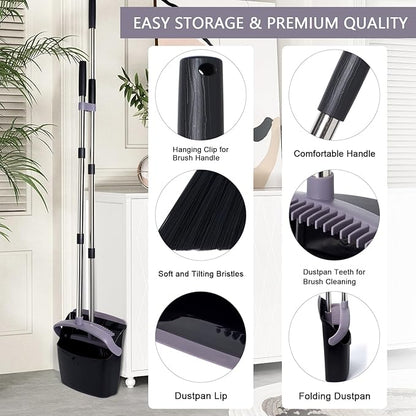Broom and Dustpan Set, Dustpans with Broom Combo for Home, Heavy Dust Broom and Dustpan Combo, Long Handle Dust Pan and Broom Set for Kitchen, Office, Pet Hair, Charcoal Color, Pack of 1