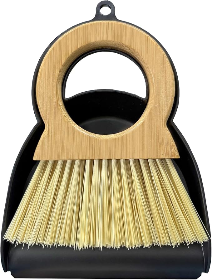 Mini Broom and Dustpan Set - Compact Bamboo Handle Cleaning Kit with Mini Dustpan Brush for Countertops, Tables, Desks - Small Dust Pan and Broom Combo for Tiny Spaces (Black)