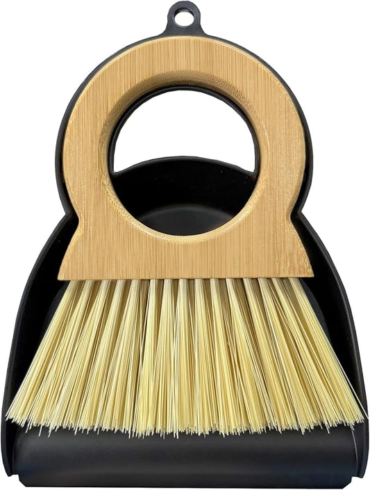 Mini Broom and Dustpan Set - Compact Bamboo Handle Cleaning Kit with Mini Dustpan Brush for Countertops, Tables, Desks - Small Dust Pan and Broom Combo for Tiny Spaces (Black)
