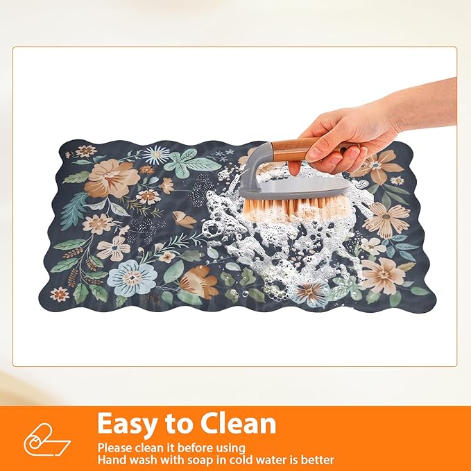 Scalloped Bohemian Coffee Bar Mat Dish Drying Mats for Kitchen Counter, Kitchen Decor,(12"x19", Black)