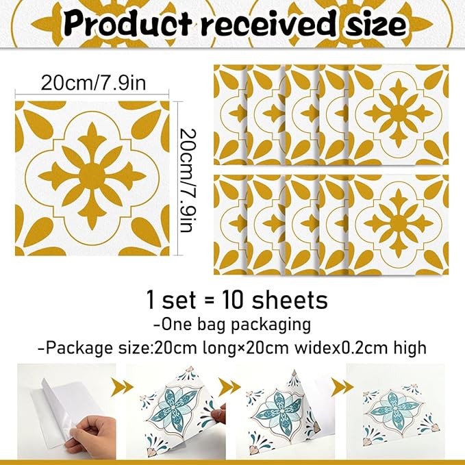 AM AMAONM 10pcs 20x20cm Removable Square Vintage Floral Pattern Tile Stickers 3D Decorative Peel and Stick Vinyl Self Adhesive Wall Tiles Decor Decals for Kitchen Backsplash Bathroom Furniture (E)