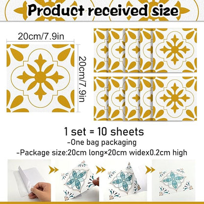 AM AMAONM 10pcs 20x20cm Removable Square Vintage Floral Pattern Tile Stickers 3D Decorative Peel and Stick Vinyl Self Adhesive Wall Tiles Decor Decals for Kitchen Backsplash Bathroom Furniture (E)