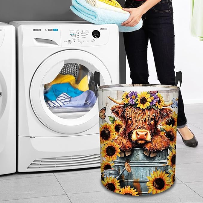 Highland Cow Laundry Basket, Sunflower Oxford Cloth Laundry Hamper, Waterproof Collapsible Storage Bin with Handles for Bedroom, Nursery Home Storage, Gift for Chritsmas Thanksgiving 13.8x17.7in
