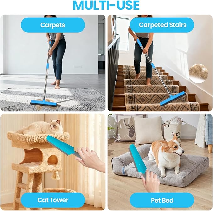 Carpet Rake for Pet Hair Removal, 4-in-1 Reusable Carpet Broom, 66" Adjustable Long Handle Carpet Rake with Squeegee,Rubber Edge Broom Rug for Hardwood Floors, Mats and Couches