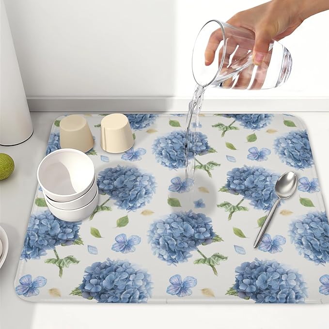 Spring Summer Hydrangea Dish Drying Mat for Kitchen Counter 16 x 18 Inch Blue Floral Dish Drainer Mat Absorbent Microfiber Dish Rack Pad for Holiday Coffee Dining Bar Decor