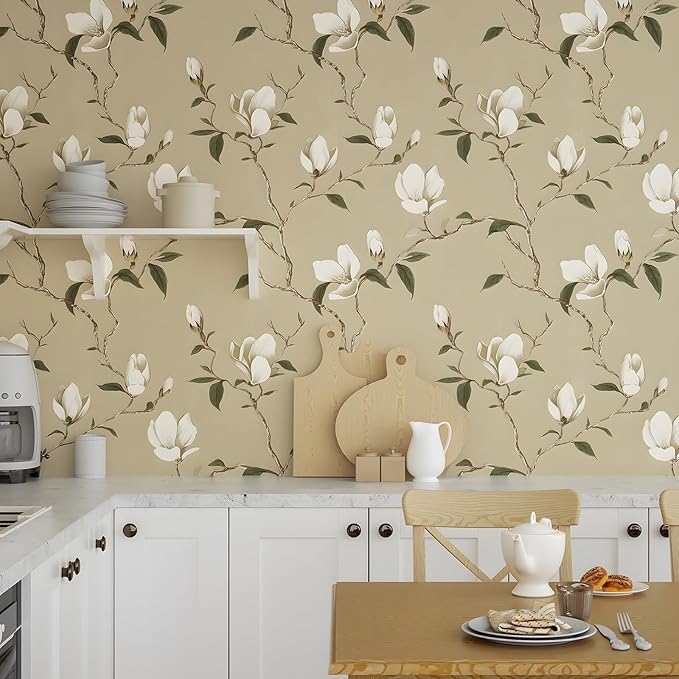 Laatse Floral Wallpaper Peel and Stick Vintage Flowers Contact Paper Waterproof Self Adhesive Removable Khaki Botanical Modern Wall Paper for Bedroom Walls Cabinet Locker 17.5" X 118"