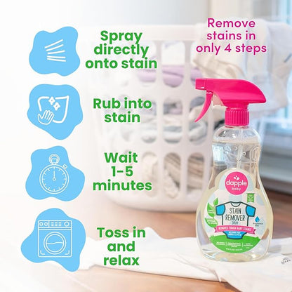 DAPPLE Stain Remover Spray, Plant-Based, Fragrance Free, 16.9 Ounce Spray Bottle, Hypoallergenic, Baby Laundry Stain Remover for Clothes & Cloth Diapers