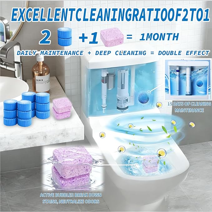 2-in-1 Toilet Cleaning Tablets (48 Pack) - 16 Effervescent Toilet Bowl Stain Remover and 32 Blue Toilet Tank Cleaner Tablets - Limescale Removal for Septic System