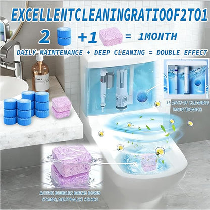 2-in-1 Toilet Cleaning Tablets (48 Pack) - 16 Effervescent Toilet Bowl Stain Remover and 32 Blue Toilet Tank Cleaner Tablets - Limescale Removal for Septic System