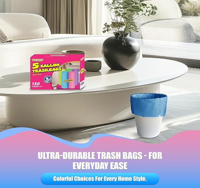 5 Gallon Trash Bags Extra Thick - 18 Liter Garbage Bags Unscented for Bathroom, Small Plastic Wastebasket Liners for Home Office Bedroom,150 Count 5 Color