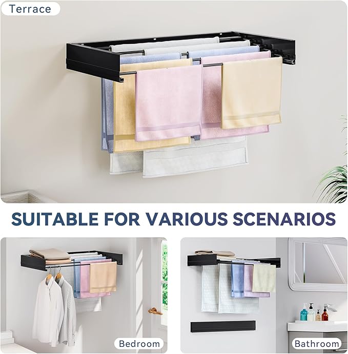 APEXCHASER Wall Mounted Clothes Drying Rack, 32'' Laundry Drying Rack Retractable, Towel Racks for Bathroom Balcony Laundry Room Wall Mount, Foldable Drying Rack for Clothing, Black