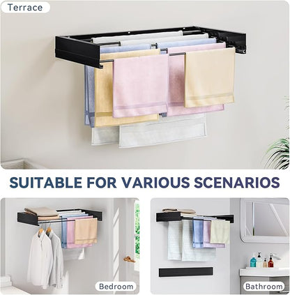 APEXCHASER Wall Mounted Clothes Drying Rack, 32'' Laundry Drying Rack Retractable, Towel Racks for Bathroom Balcony Laundry Room Wall Mount, Foldable Drying Rack for Clothing, Black