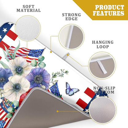 Patriotic American Flag Dish Drying Mat 18x24 Inch Spring Summer Flower 4th of July Memorial Kitchen Mats Vintage Absorbent Dishes Pad for Kitchen Counter Memorial Home Decorations for Countertops