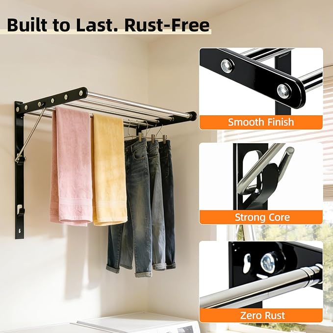 Wall Mounted Drying Rack, Pre-Install Adjustable Width 13-23 Inch, 60 lbs Heavy Duty Foldable Laundry Rack, Space Saving Stainless Steel for Apartment Laundry Room Bathroom, Black