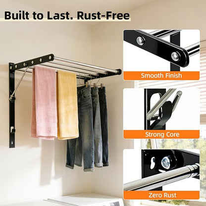 Wall Mounted Drying Rack, Pre-Install Adjustable Width 13-23 Inch, 60 lbs Heavy Duty Foldable Laundry Rack, Space Saving Stainless Steel for Apartment Laundry Room Bathroom, Black