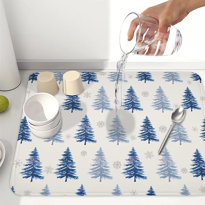 Winter Dish Drying Mat 18 x 24 Inch Blue Tree Dish Drying Pad Absorbent Microfiber Mats for Snowflake Dish Rack Pad for Holiday Kitchen Counter Coffee Bar Decor