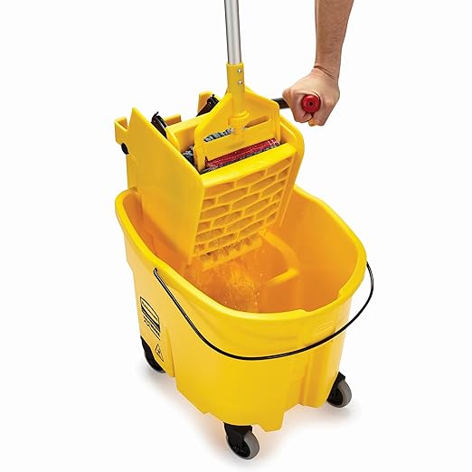 Rubbermaid Commercial Products WaveBrake 35 QT Side-Press Mop Bucket and Wringer Combo on Wheels Red for Heavy-Duty Floor Cleaning