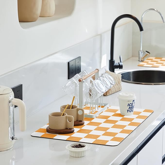 Ohocut Checkered Dish Drying Mat for Kitchen Counter, Coffee Bar Station Accessories, Retro Cute Fall Aesthetic Modern Absorbent Drainer Mat Kitchen Drying Mat Easy Clean, Orange 12" x 19"