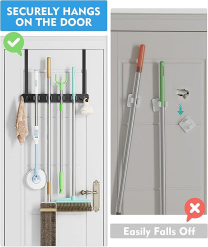 BS-VOG Over the Door Broom Holder, Mop and Broom Holder Door Mount, Hanging Organizer with 4 Racks & 2 Hooks, Wooden Hanger Storage Decor, Laundry Tool Organizer for Closet Garage, No Drills