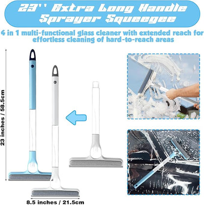 Lothee 2pcs 3 in 1 Window Squeegee, 23'' Long Handle Window Cleaning Scraper, Squeegee and Scrubber with Spray for Walls, Car Windshields, Bathrooms, Kitchens (Blue,White)