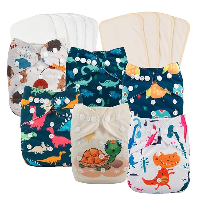 babygoal Reusable Cloth Diapers 6 Pack+10pcs Inserts, One Size Adjustable Washable Pocket Nappy Covers for Baby Boys and Girls