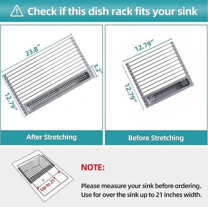 JASIWAY Roll Up Dish Drying Rack, Expandable (12.8"-23.8" D x 12.8" W) Stainless Steel Portable Drainer for Kitchen Sink Counter, Foldable Over The Sink Cover with Removable Utensil Holder