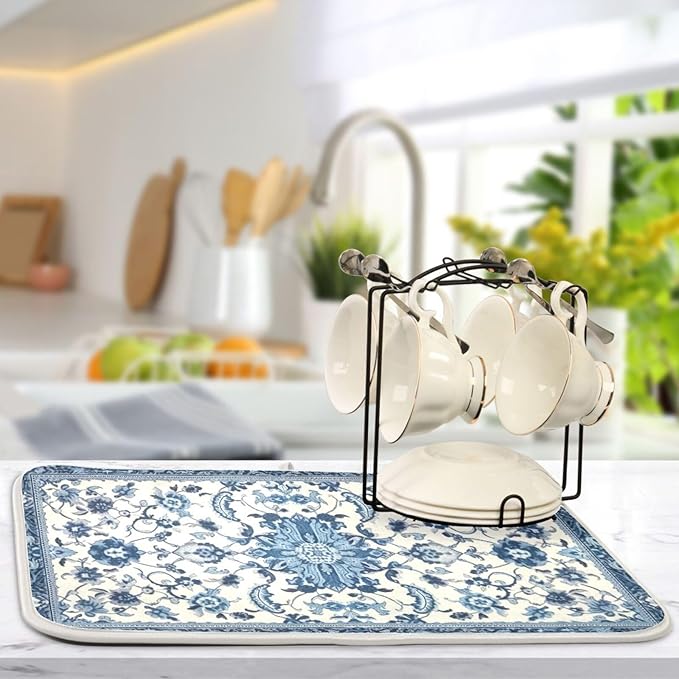 Dish Drying Mat Kitchen Counter Absorbent Blue and White Pattern Coffee Sink Mat Dish Drainer Pad 18 Inch x 16 Inch