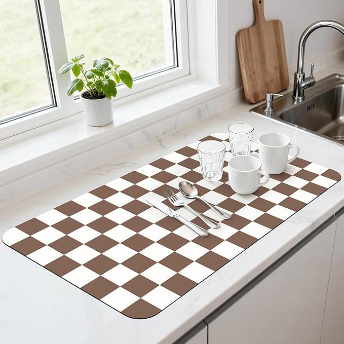 17" x 32" Checkered Dish Drying Mat for Kitchen Counter, Absorbent Coffee Bar Mat for Espresso Machine Coffee Countertops Accessories (Coffee Brown)