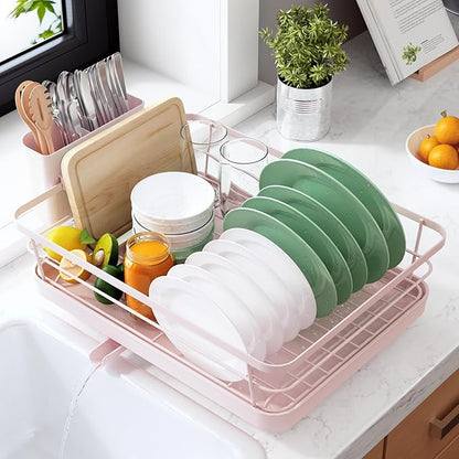 Kitsure Dish Drying Rack for Kitchen Counter, Stainless Steel Sink Organization and Storage Essentials with Cutlery Holder, Home and Appartment Decor, 12''W x 15.5''L, Pink