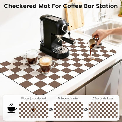 17" x 32" Checkered Dish Drying Mat for Kitchen Counter, Absorbent Coffee Bar Mat for Espresso Machine Coffee Countertops Accessories (Coffee Brown)