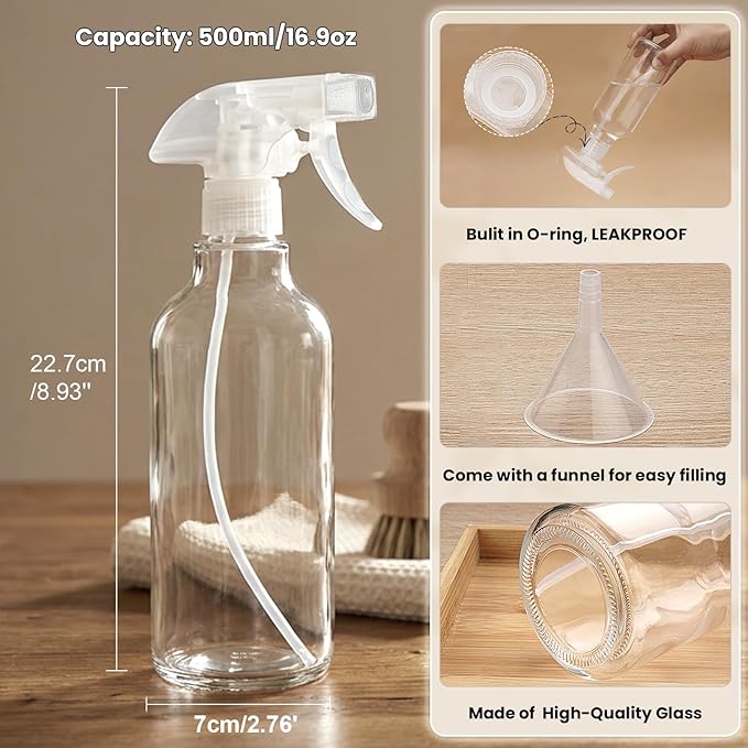 Glass Spray Bottles 16.9oz Empty Spray Bottle Mist/Stream Spraying Small Refillable Containers for Hair Care, Cleaning Solutions, Plants, Essential Oils 2 Pack (Clear, 16.9oz)