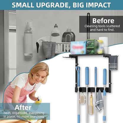 Broom Holder Wall Mount with Cleaning Supplies Organizer, Laundry Room Organization and Storage Shelves, Mop Hanger Broom Rack with Hooks, Home Improvement Kitchen Shelf Garage Organizer