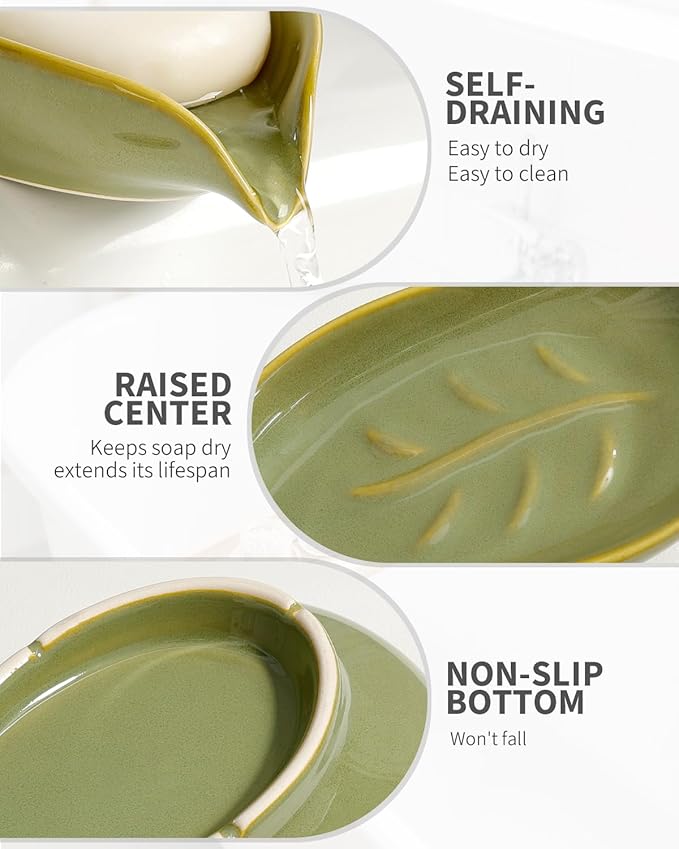 Soap Holder, Self-Draining Soap Dish, Leaf Shape Ceramic Bar Soap Holder Drain Soap Dishes for Bathroom Sink Kitchen, Easy to Clean Keeps Soap Dry, Olive Green, ANTIS'S HOME