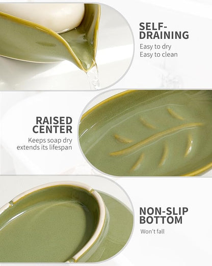 Soap Holder, Self-Draining Soap Dish, Leaf Shape Ceramic Bar Soap Holder Drain Soap Dishes for Bathroom Sink Kitchen, Easy to Clean Keeps Soap Dry, Olive Green, ANTIS'S HOME