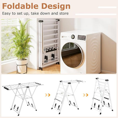 Giantex Clothes Drying Rack, Foldable Metal Laundry Drying Rack with Height Adjustable Wings, 16 Drying Rails, Sock Clips & Shoe Racks, Freestanding Clothing Stand for Indoor & Outdoor, White