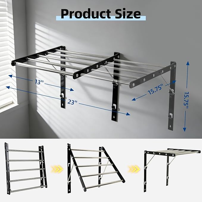 Wall Mounted Drying Rack for Laundry, 13”-23” Retractable Clothes Drying Rack, Drying Rack Clothing with 5 Smooth Round Stainless Steel Rods, Space Saving for Bathroom, Laundry Room, Apartments, Black