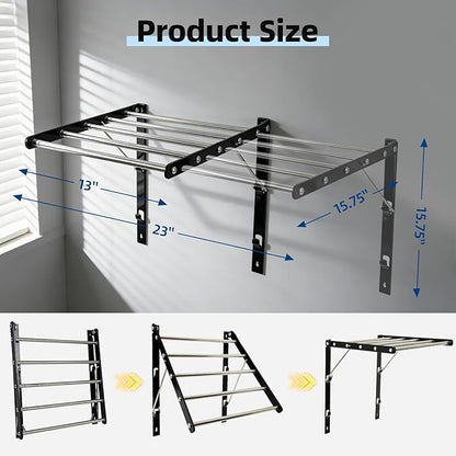 Wall Mounted Drying Rack for Laundry, 13”-23” Retractable Clothes Drying Rack, Drying Rack Clothing with 5 Smooth Round Stainless Steel Rods, Space Saving for Bathroom, Laundry Room, Apartments, Black
