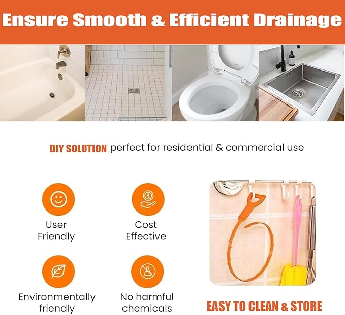 Drain Snake Hair Clog Remover – 20 Inch Plastic Sink Unclogger & Stainless Steel Claw - Drain Cleaner Tool for Kitchen, Bathroom, Tub Toilet Orange (3+1), Plungers for Clearing Blocked Drains