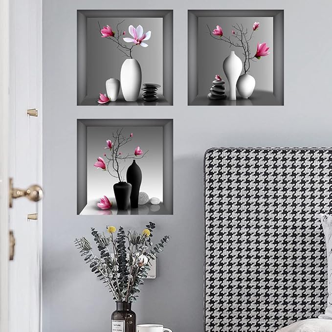 3D Wall Stickers DIY Flower Wall Decal Removable Waterproof Wall Art Decor for Bedroom Living Room Offices Home Decoration (Vase Orchid)