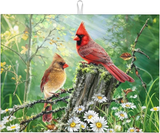 Red Bird Dish Drying Mats for Kitchen Counter, Absorbent Reversible Microfiber Dish Drying Pad, Multi-Use Large Drying Mat Coffee Bar Accessories 18"x24"