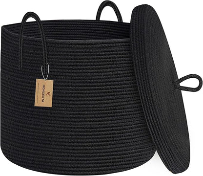 18" X 14" Large Black Basket with Lid, Cotton Rope Storage Basket for Blanket, Toy, Pillow, Towel, Living Room Bedroom Storage Bin, Wicker Woven All Black Organizing Bin with Cover