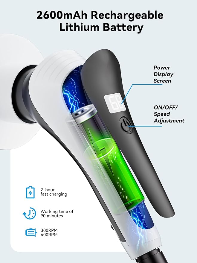Electric Spin Scrubber,Cordless Cleaning Brush with Power Display Screen,IP68 Waterproof Shower Cleaning Brush with 8 Replaceable Brush Heads,Adjustable & Detachable Handle and 2 Adjustable Speeds