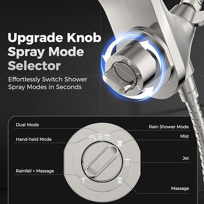 High Pressure Rain Shower Head with Handheld Spray Combo: Detachable Dual Shower Head with 10 Sprays Modes - Upgrade Knob Spray Mode Selector and Magnetic Guidance Docking System