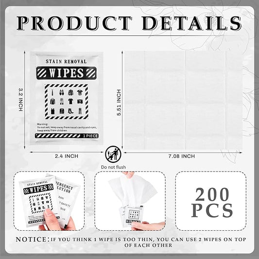 Timgle 200 Pcs Stain Remover Wipes Individual Wrapped Wipes Stain Remover Mini for Clothes Fabric Laundry Carpet Messy Eater Car Seat Upholster Clean (Black)