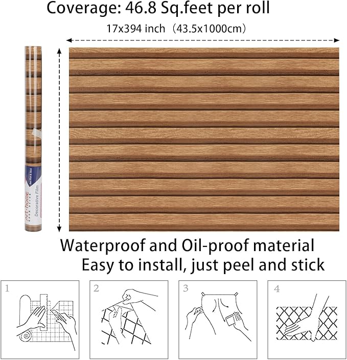 Arthome 17''x393'' Wood Slat Wallpaper, Peel and Stick Self Adhesive Wall Covering Decorative Removable Contact Paper Waterproof Faux Wood Grating Stripe Vinyl for Living Room Bedroom