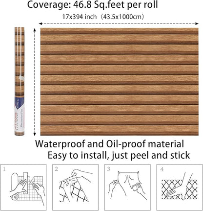 Arthome 17''x393'' Wood Slat Wallpaper, Peel and Stick Self Adhesive Wall Covering Decorative Removable Contact Paper Waterproof Faux Wood Grating Stripe Vinyl for Living Room Bedroom