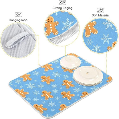 Snowflake Gingerbread Cookie Man Blue Dish Drying Mat for Kitchen Counter Absorbent Microfiber Drying Pad, Medium 16x18 in