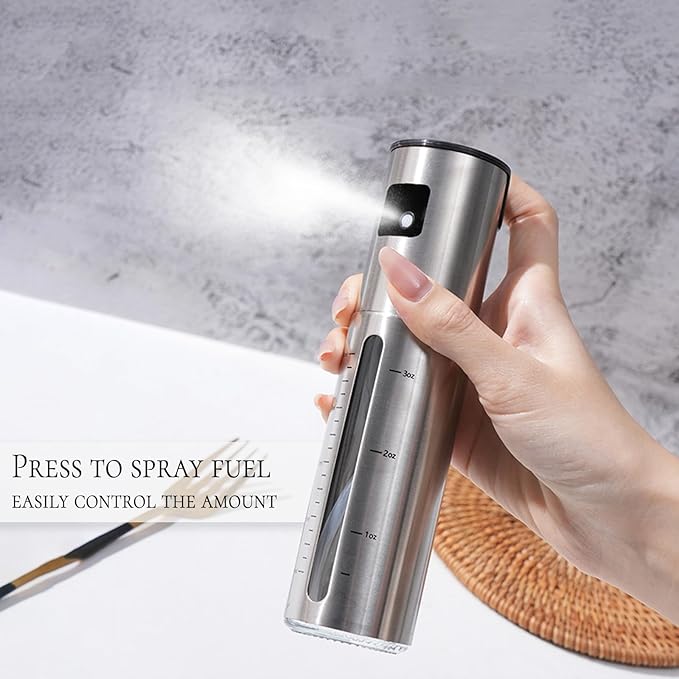 Oil Sprayer for Cooking Spritzer with Scale,Olive Oil Dispenser Bottle for Kitchen(3.3OZ),Hollowed-out Visible Margin Stainless Steel
